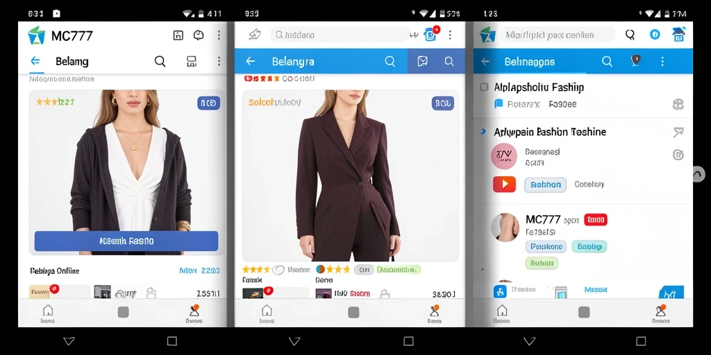 Tampilan antarmuka aplikasi MC777 yang mudah digunakan untuk berbelanja fashion.
